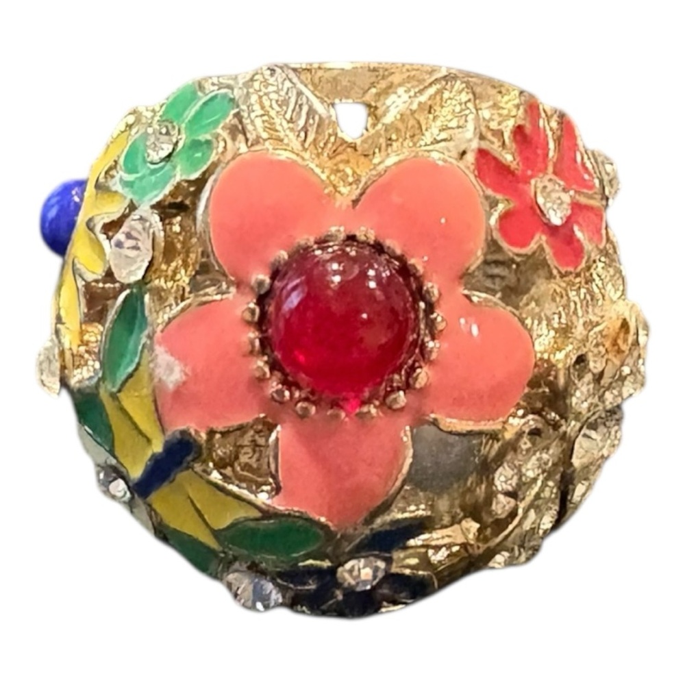Vintage Gripiox Cabochons & Enamel Domed Flower Mogul Ring Size 5 JB5